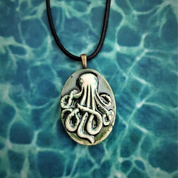 Handmade Ceramic Bottle Green Octopus Kraken Pendant Necklace - Picture 9 of 11